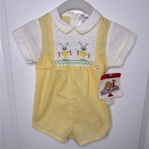 Paul E. Flinders Yellow Gingham Smocked Shortall Embroidered Bunnies 9M